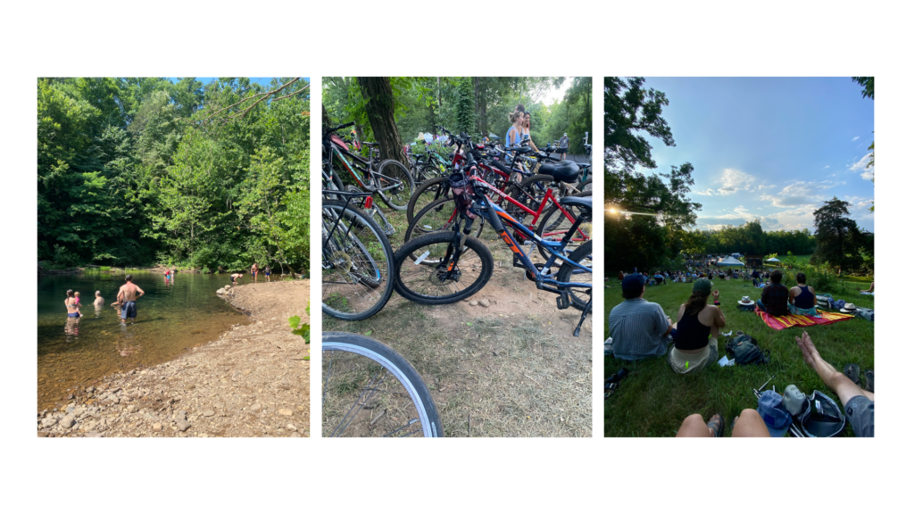 Swimming hole at Stokesville campgroud, bikes lining the Red Wing music grounds, and a setting sun over the Hill Stage.