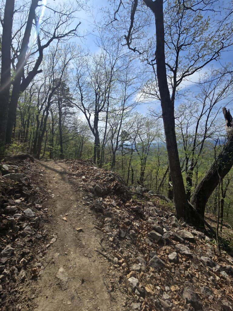 Rocky singletrack trail through spring forest on the ridge at Seven Bends State Park, with views of the Shenandoah Valley.